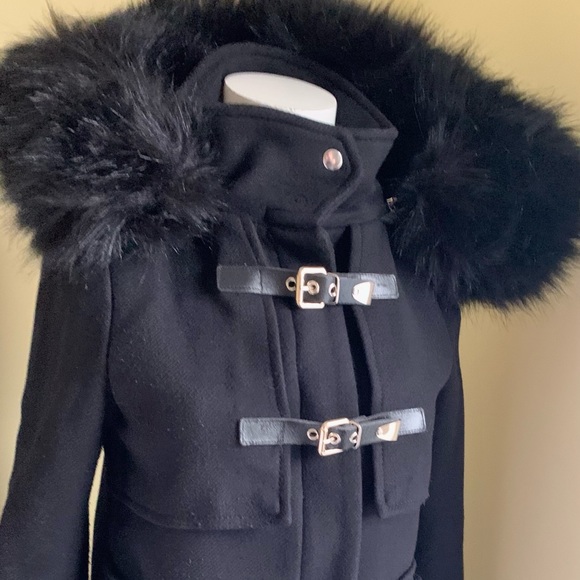 Zara black 75% wool winter jacket coat hood with black fur buckles zipper pocket - Picture 2 of 14